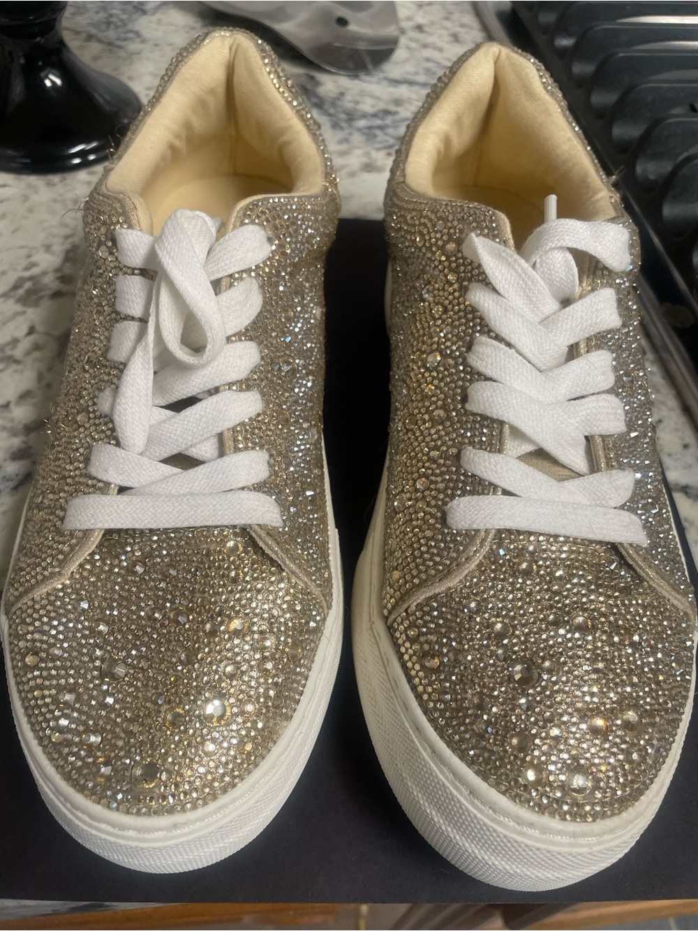 Betsy Johnson Women's Glitter Crystal Lace-Up Sneakers - Gold Sydney 8.5. New